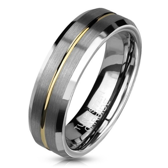 Brushed Finish Gold Groove Beveled Edges Tungsten Carbide Ring. 6mm - Picture 3 of 3
